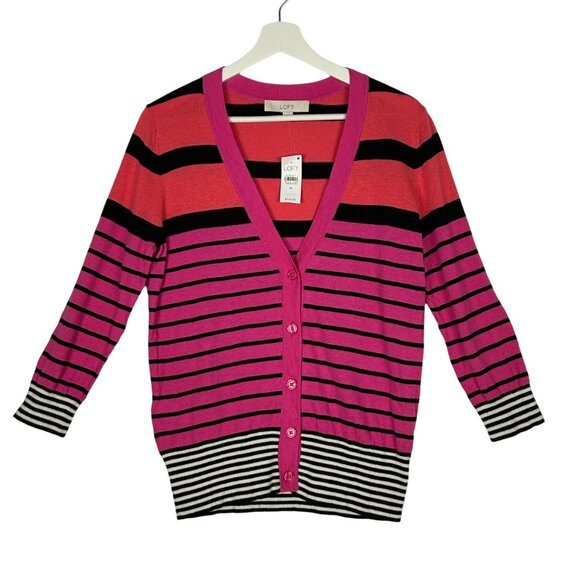 Ann Taylor Loft Cardigan Sweater Women M Stripe 3/4 Sleeve Button Up Pink Orange - Picture 1 of 12